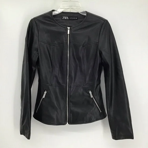 ZARA Faux Leather Moto Biker Collarless Jacket Edgy Career Black Size Small - Picture 3 of 10